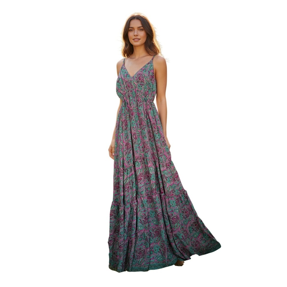 RHEA Silk Blend Paisley Maxi Dress S/M NWT Pink Teal Boho‎ Tiered Smocked